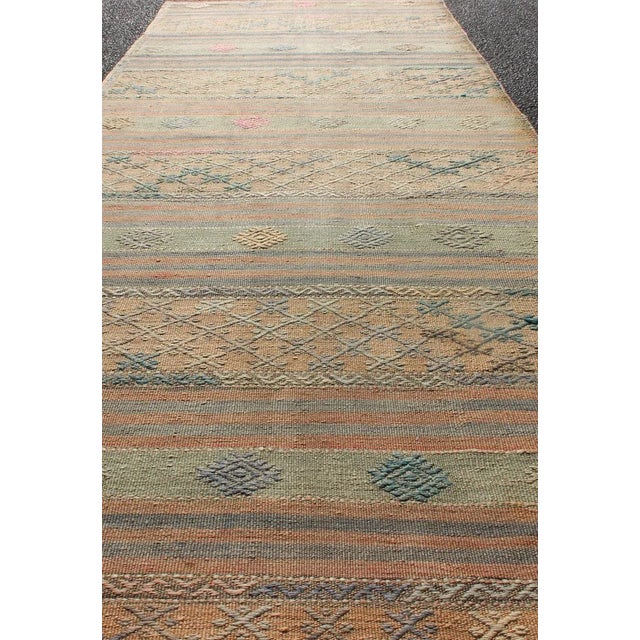 Vintage Turkish Kilim Runner With Geometric Shapes and Colorful Stripes For Sale In Atlanta - Image 6 of 11