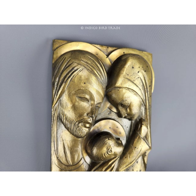 Early 20th Century Antique Gilt Metal Holy Family Joseph Virgin Mary and Jesus Wall Hanging Plaque For Sale - Image 5 of 7