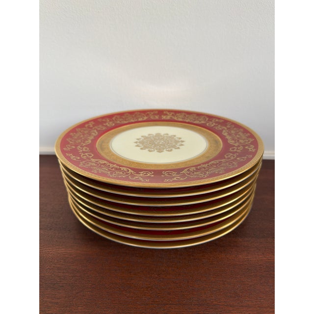1930s Pickard Red & Gold Czech Bohemian Porcelain Dinner Plates - Set of 8 For Sale - Image 12 of 16