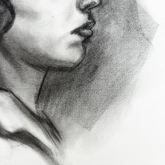 Vintage Charcoal Portrait Drawing of a Woman With Headband and Swept Curls For Sale - Image 10 of 11