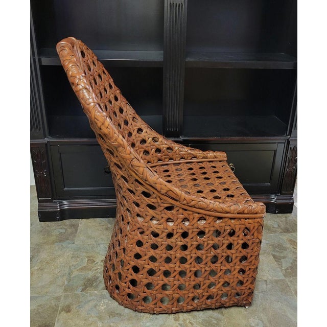 Vintage Basketweave Rattan Accent Chair With Sculptural Handled Back For Sale In Raleigh - Image 6 of 7