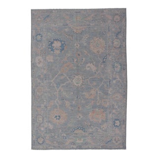 Modern Oushak Rug With in Light Gray Blue Background and All-Over Floral Motifs For Sale