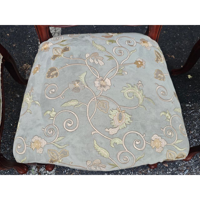 Wood Set of 4 Provincial Fruitwood and Embroidered Ultrasuede Upholstery Side Chairs For Sale - Image 7 of 10