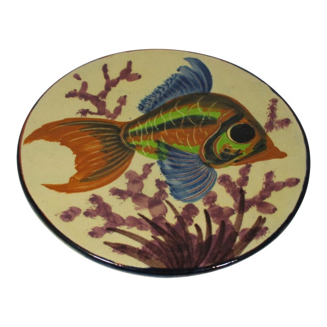 Vintage Large Hand-Painted Pottery Fish Plate For Sale