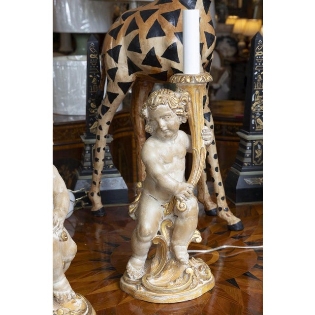 Italian Pair of Italian Giltwood Cherub Candlestick Lamps For Sale - Image 3 of 10