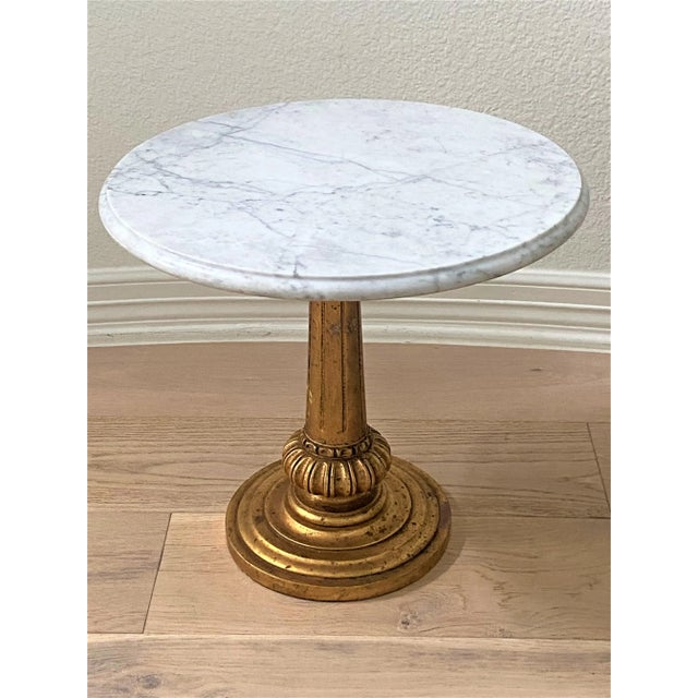 Hollywood Regency Vintage Italian Carrera Marble and Gilt Base Petite Scale Drinks Table / Occasional Table For Sale - Image 3 of 10