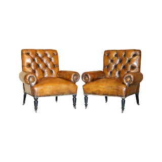 Set of Antique Regency Bolster Brown Leather Library Armchairs For Sale