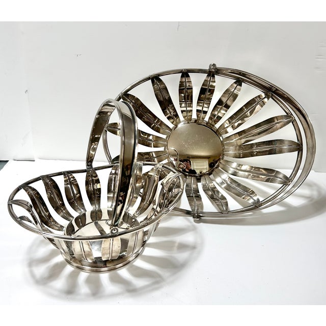 Hollywood Regency Vintage Silverplate Swing Handle Basket Set – Footed Openwork Serving Baskets – Mid Century Tabletop / Fruit / Bread Display For Sale - Image 3 of 10
