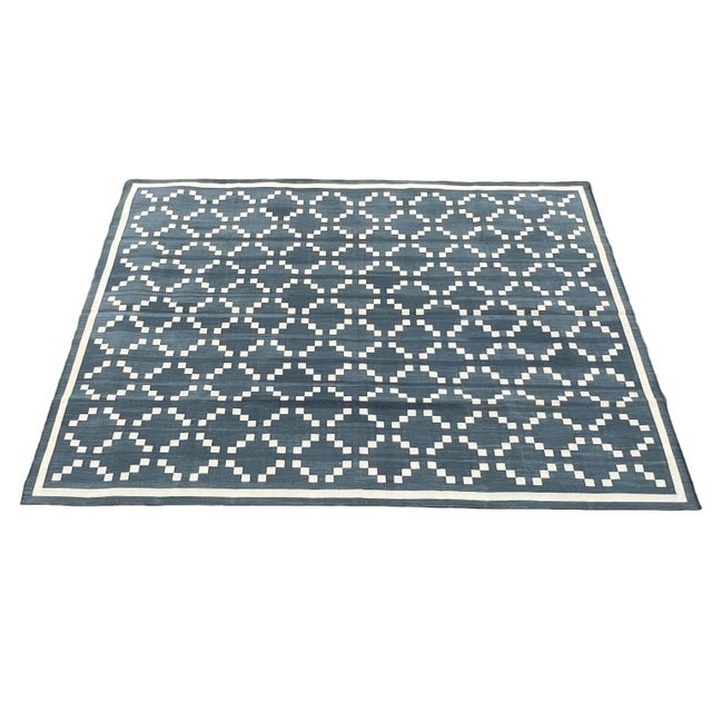 Cotton Vegetable Dyed Grey & Cream Diamond Reversible Rug - 12'x15' These special flat-weave dhurries are hand-woven with...