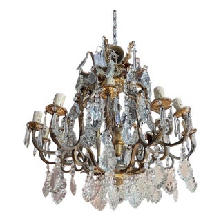 Vintage French Louis XV Style Brass and Crystal Birdcage 13-Light Chandelier For Sale