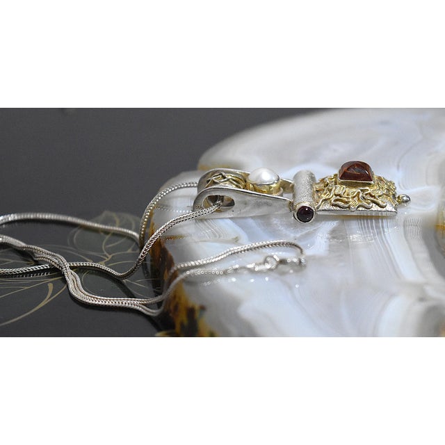 Contemporary Late 20th Century Artisan Sterling Silver Amber Pearl Pendant Necklace For Sale - Image 3 of 14