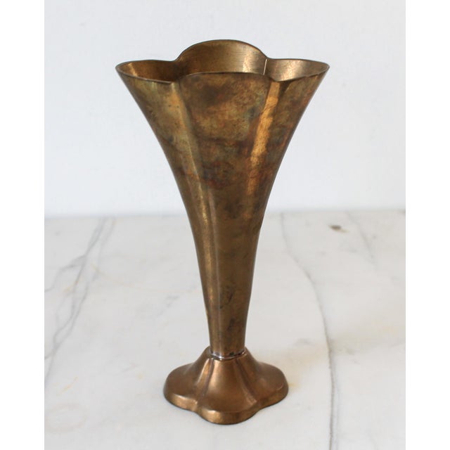 Metal Vintage Brass Fluted Trumpet Vase For Sale - Image 7 of 9
