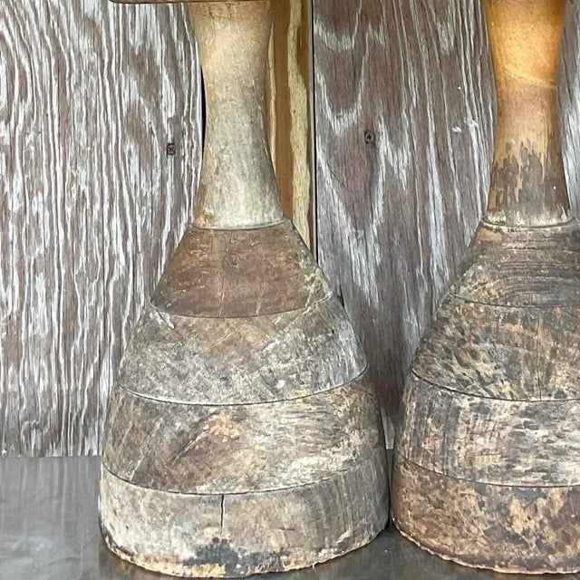 Vintage Rustic Sculptural Turned Wood Table Lamps, Pair For Sale - Image 12 of 14