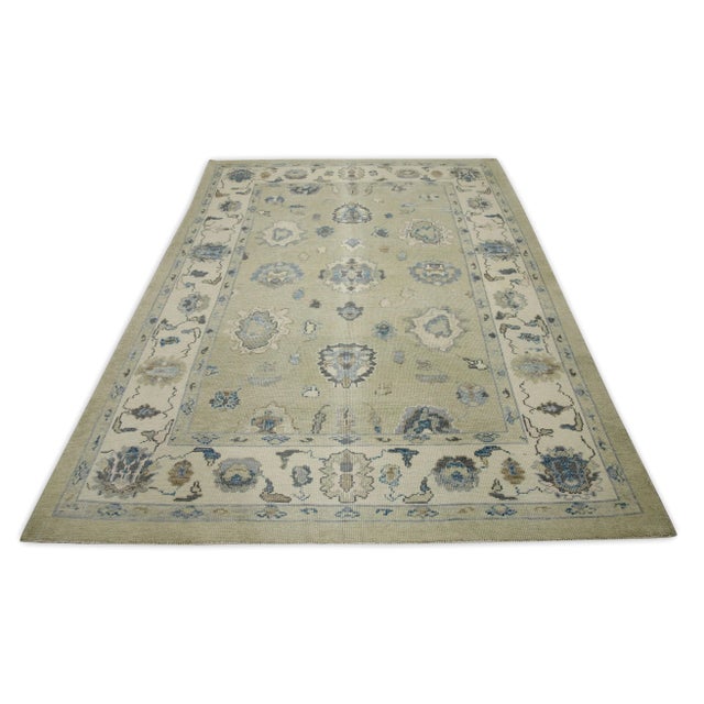 Early 21st Century Green Floral Design Handwoven Wool Turkish Oushak Rug 6'1" X 8'2" For Sale In Houston - Image 6 of 8
