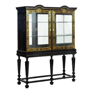 Louis XIV Antique Ebonized Brass-Inlaid Display Cabinet Bookcase Vitrine