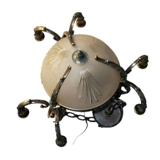 1960s Empire French-Style Brass Chandelier, Frosted Glass Bowl & Three Griffins For Sale In Boston - Image 6 of 7