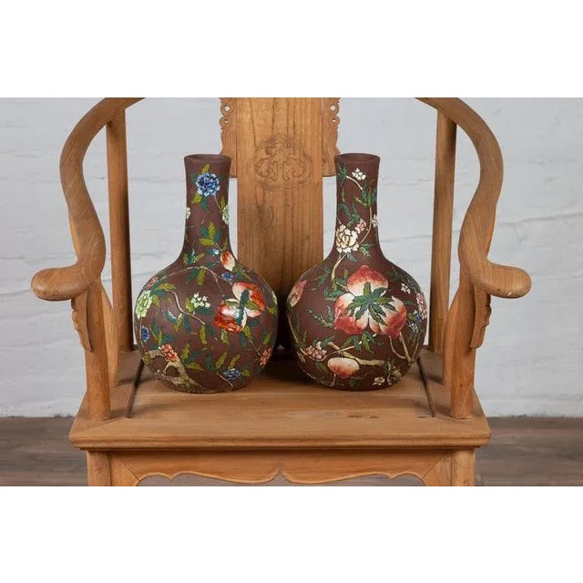 1950s Vintage Chinese Kendi Shape Brown Vases with Floral and Fruit Décor - a Pair For Sale - Image 5 of 13