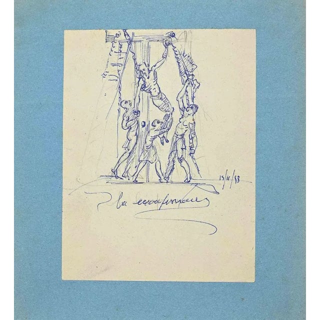 Crucifixion of Christ is an original artwork realized by an Unknown Artist in the 1953. Original pen drawing on ivory-...