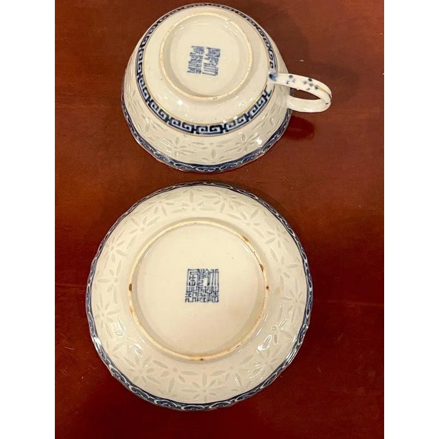 19th Century Blue & White Nanking 'Rice Grain' Cups & Saucers, Qianlong Marked - a Pair For Sale In West Palm - Image 6 of 12