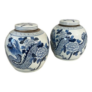 Chinoiserie Blue & White Porcelain Ginger Jar W/Dragons 12" H Set of Two For Sale