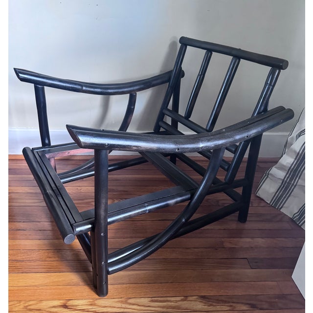 Mid 20th Century Black Rattan Bamboo Lounge Chair in the Manner of Ficks Reed For Sale - Image 13 of 16