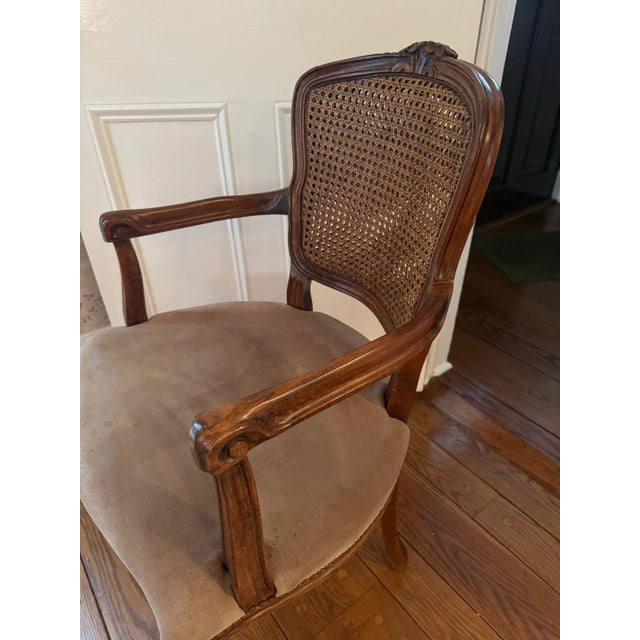 Brown Vintage Petite Carved Wood Arm Chair With Cane Back and Suede Seat For Sale - Image 8 of 12