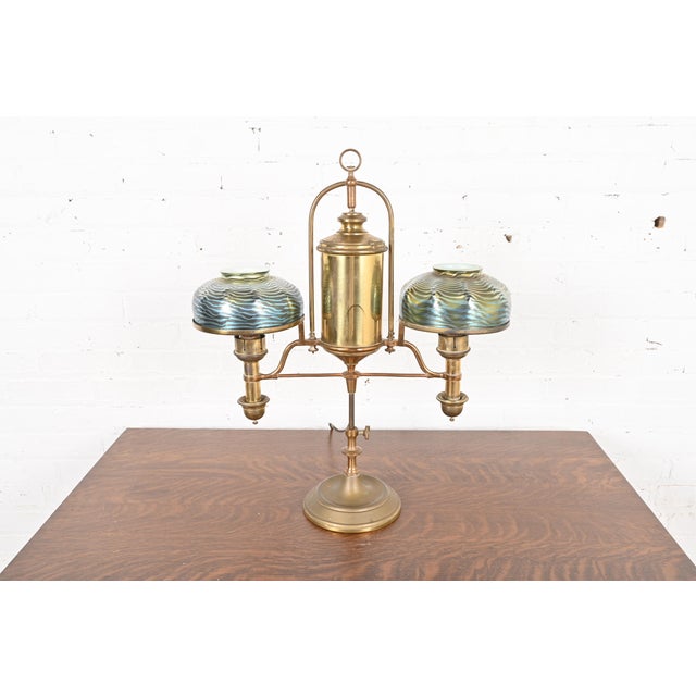 Antique Tiffany Studios Style Brass Double Arm Student Lamp, Circa 1910 For Sale - Image 10 of 12