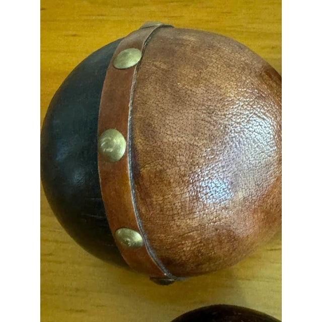 Brown Late 20th Century Brass Studded Leather Clad Wood Decorative Balls Spheres Orbs- Set of 4 For Sale - Image 8 of 11