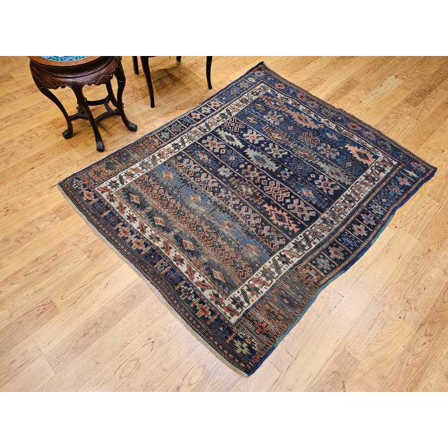 Antique Caucasian Shahsavan Tribal Rug, Hand-Knotted Wool, Geometric Pattern, Navy & Green, 5x6 For Sale In Chicago - Image 6 of 16