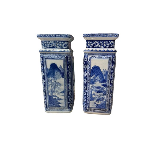 Chinoiserie Qianlong Style Blue and White Porcelain Vases- A Pair For Sale - Image 11 of 12
