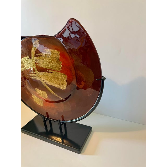 Jasmine Art Glass 15" Fused Glass Crescent Bowl Vase With Metal Stand - Red/Gold For Sale - Image 4 of 5