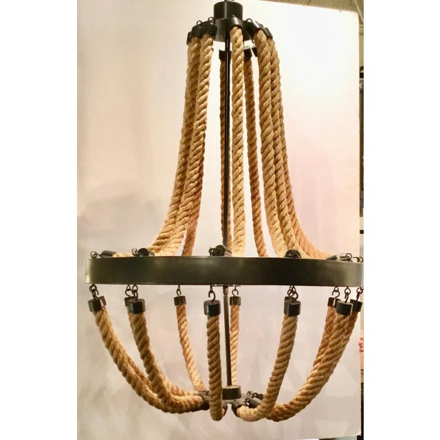 Stylish industrial Noir Company Vic Rope Chandelier, iron fram and accents, showroom floor sample, original retail $3000
