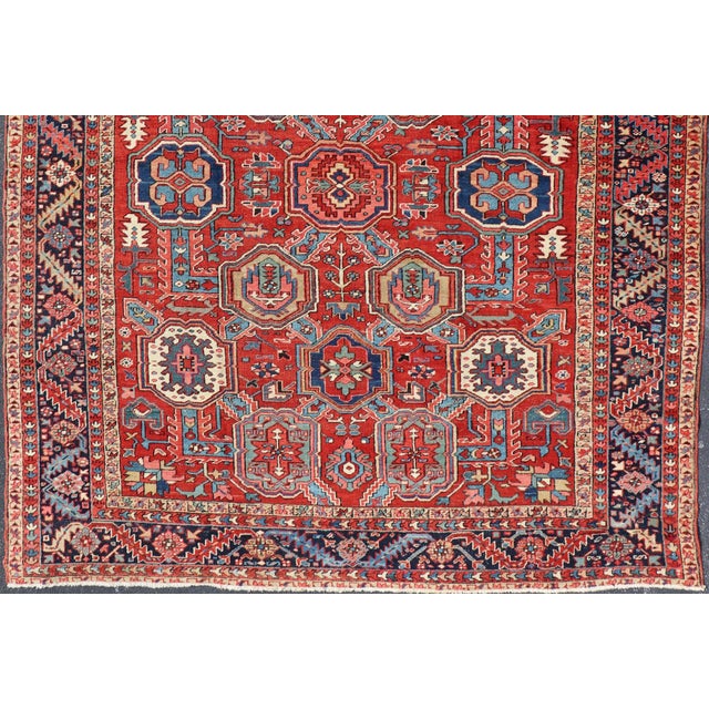 Antique Heriz Rug With Red Field, Geometric Tribal Motifs and Navy Blue Border 9'2 X 11'10 For Sale - Image 4 of 17