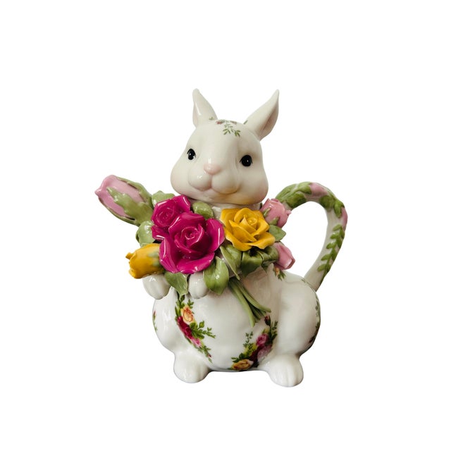 Figurative Vintage Royal Doulton for Royal Albert Old Country Roses Bunny Teapot – Fine Bone China Rabbit Teapot For Sale - Image 3 of 13