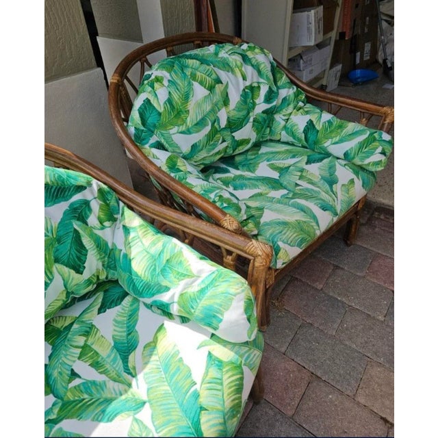 Pair Bamboo Arm Chairs in Tropical Banana Leaves Upholstery For Sale - Image 4 of 4