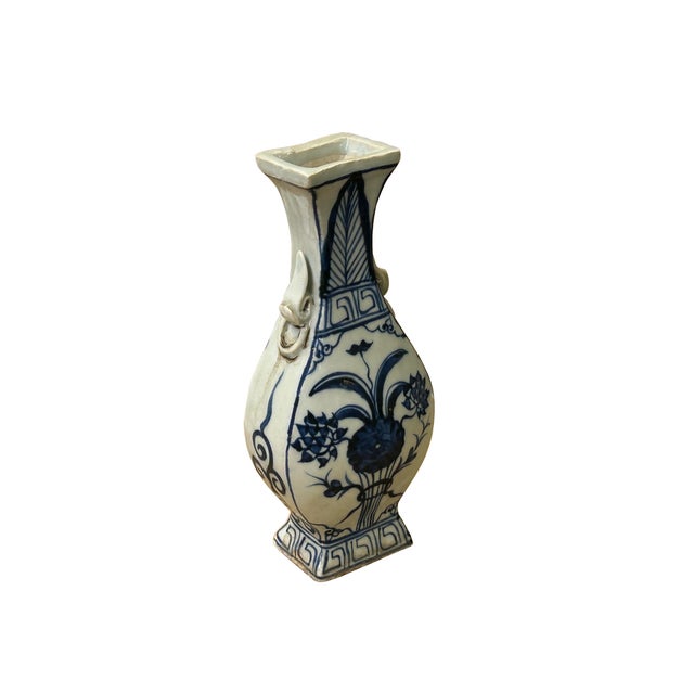 Asian Small Distressed Finish Pear Shape Blue White Graphic Porcelain Vase For Sale - Image 3 of 7