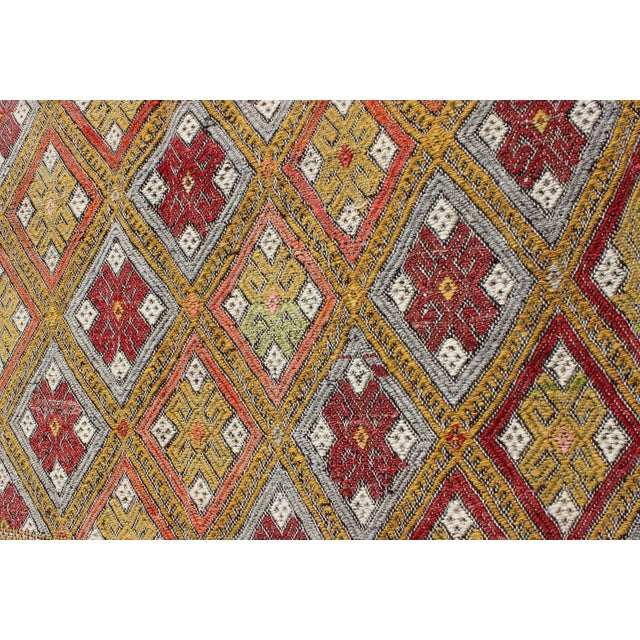 Colorful Vintage Turkish Flat-Weave Embroidered Rug With Geometric Diamond Design For Sale - Image 10 of 13