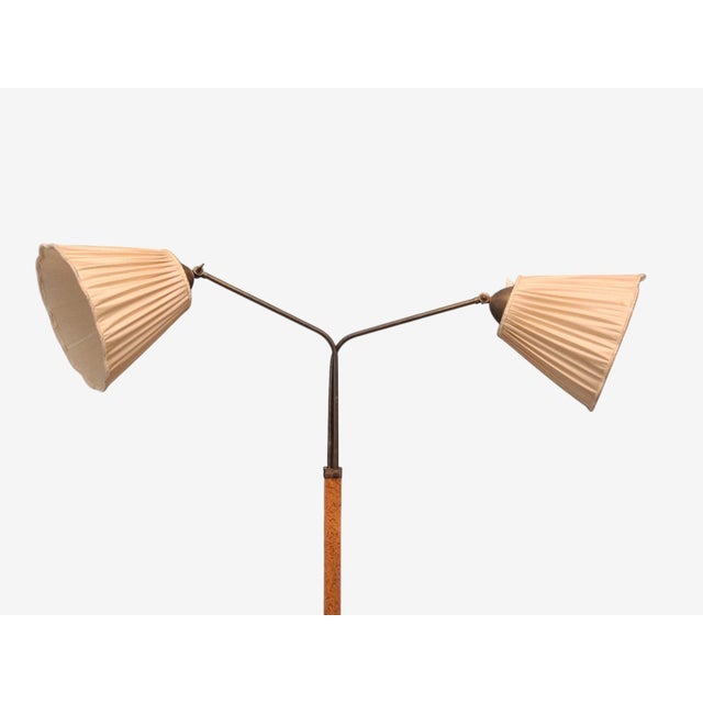 Tan Swedish Art Deco, Double Floor Lamp, Burl Wood, Metal, Fabric, Sweden, 1940s For Sale - Image 8 of 17