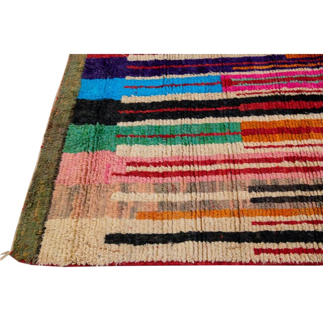 Vintage Beni Ourain Moroccan Handmade Multicolor Designed Beige Wool Rug For Sale - Image 9 of 12