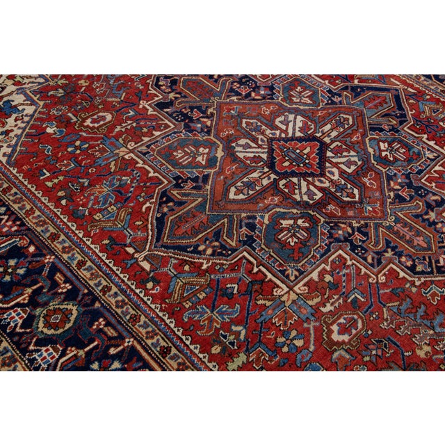Antique Heriz Red Handmade Persian Wool Rug With Multicolor Medallion Design For Sale - Image 10 of 11
