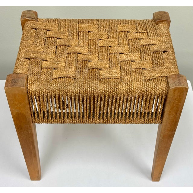 Mid-Century Modern Vintage Woven Rope Seat Wood Stool For Sale - Image 3 of 12