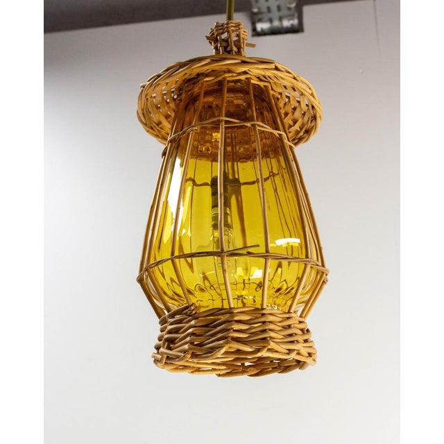 French Ceiling Pendant in Yellow Glass & Wicker Chandelier, 1970s For Sale - Image 6 of 10
