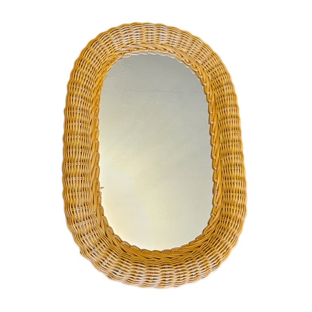 Tan Vintage Coastal Tropical Boho Natural Wicker Rattan Wall Mirror Decor Oval For Sale - Image 8 of 8