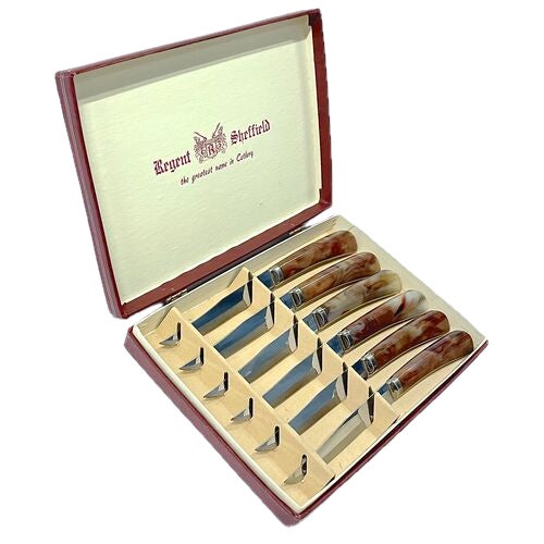 Vintage Sheffield stainless and bakelite cutlery set of six. Bakelite handles and stainless steel blades. Marked: "Regent...