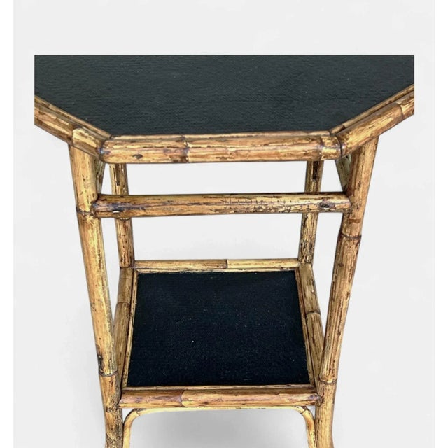 Vintage Coastal Bamboo Octagonal End Table With Black Inset Shelves For Sale - Image 10 of 18