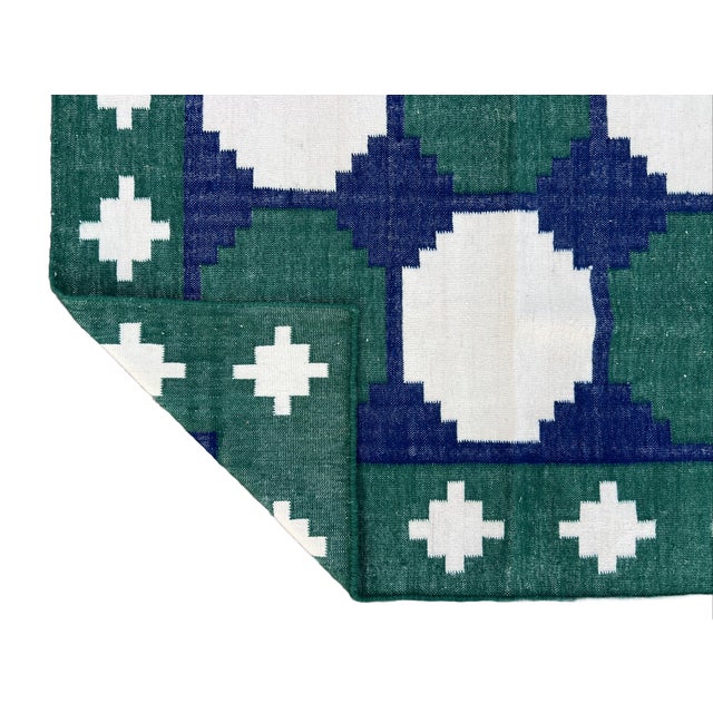 Casa Cosima Handmade Woolen Dhurrie Runner, Vegetable Dyed Forest Green, Navy Blue Tile Runner- 4'x10' For Sale - Image 4 of 11