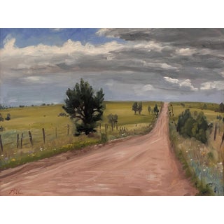 The Long Road by Michael DeVore | Oil on Board Landscape with a dirt road and fields For Sale