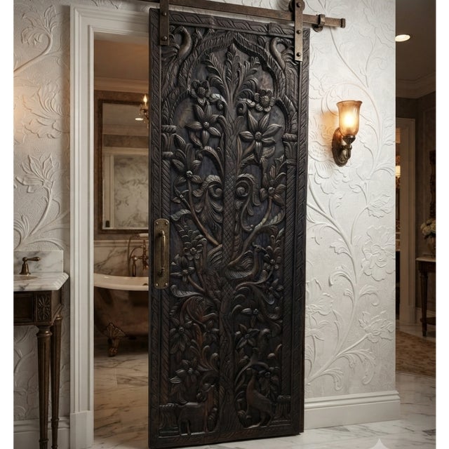 Vintage Hand-Carved Tree of Life & Deer Wood Barn Door – Botanical Statement Panel84x36 For Sale - Image 4 of 5