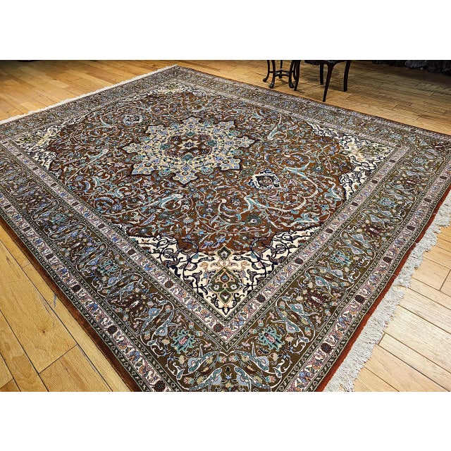 Vintage Persian Tabriz Rug, Hand-Knotted Wool, Mythical Firebird Motif, Brown & Ivory, 10x13 For Sale In Chicago - Image 6 of 15