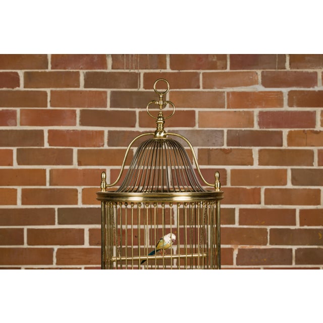 Metal French Midcentury Brass Circular Birdcage with Decorative Bird For Sale - Image 7 of 11